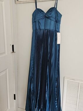 Amazon Teal Satin Pleated Maxi Dress with Spaghetti Straps